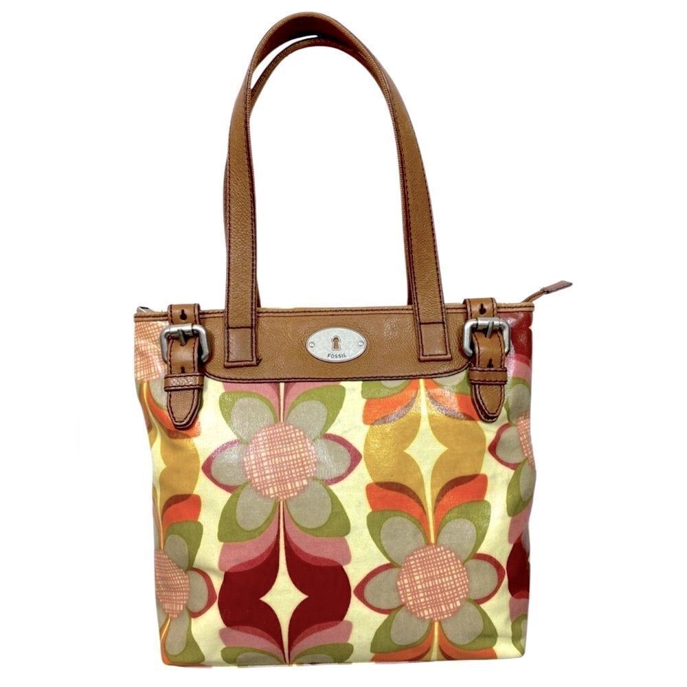 Fossil Pink, Green & Brown Floral Canvas Shoulder Bag. Like new condition!